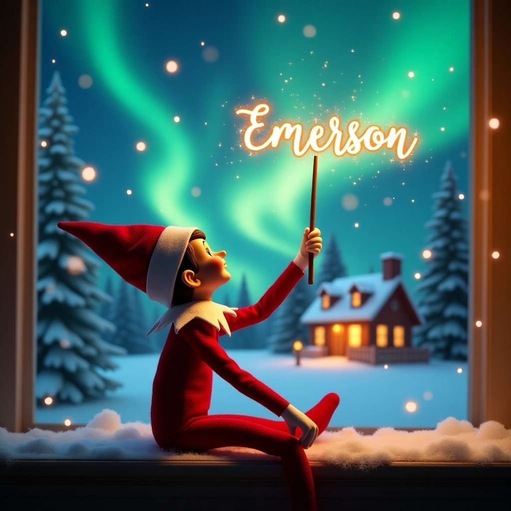 An elf on the shelf sits with its back to the viewer, gazing skyward. It holds a glowing wand that emits sparkling light. The background showcases a charming Christmas scene with colorful northern lights swirling above. In the distance, a cozy house can be seen, decorated for the holidays. Snow covers the ground, adding to the winter atmosphere. The elf is in a playful position, embodying the spirit of magic and wonder associated with Christmas. The name ‘Emerson’ is written in the air using the wand, creating a sense of holiday cheer.