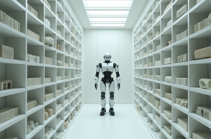 A robot stands in a white room lined with shelves filled with stone artifacts.