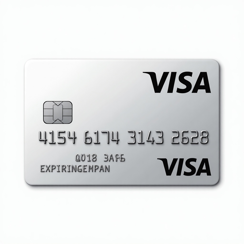 Realistic image of a credit card showing distinct details. Card displays Visa logo. Number is visible. Cardholder name is aligned. Expiration date shows July 2026. Clean appearance with silver background and bold black font.