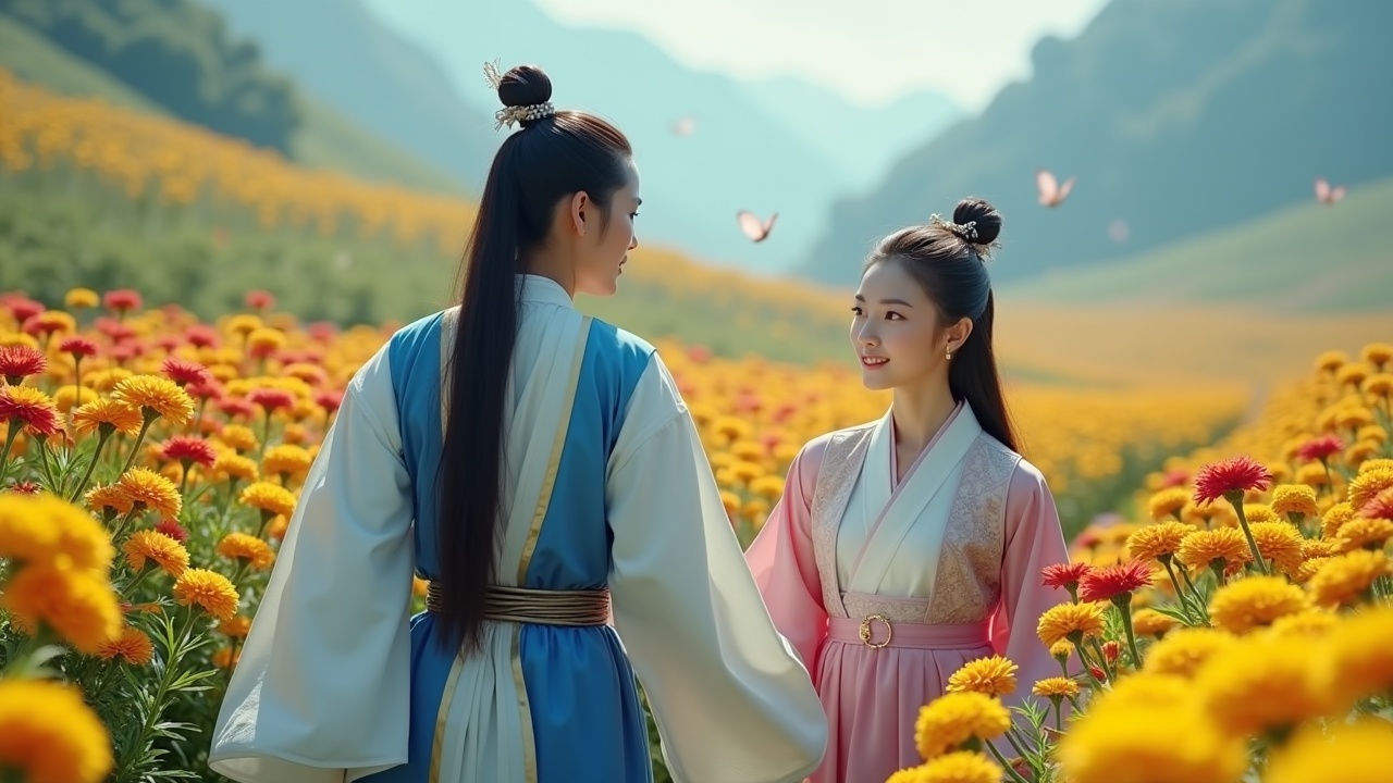 A romantic scene set in a beautiful flower field. Two characters, a man and a woman, are facing each other. The man is dressed in traditional blue attire while the woman wears a pink outfit. The field around them is filled with vibrant flowers and butterflies fluttering in the air. The landscape is lush, with mountains in the background. The lighting is soft and warm, enhancing the romantic atmosphere.