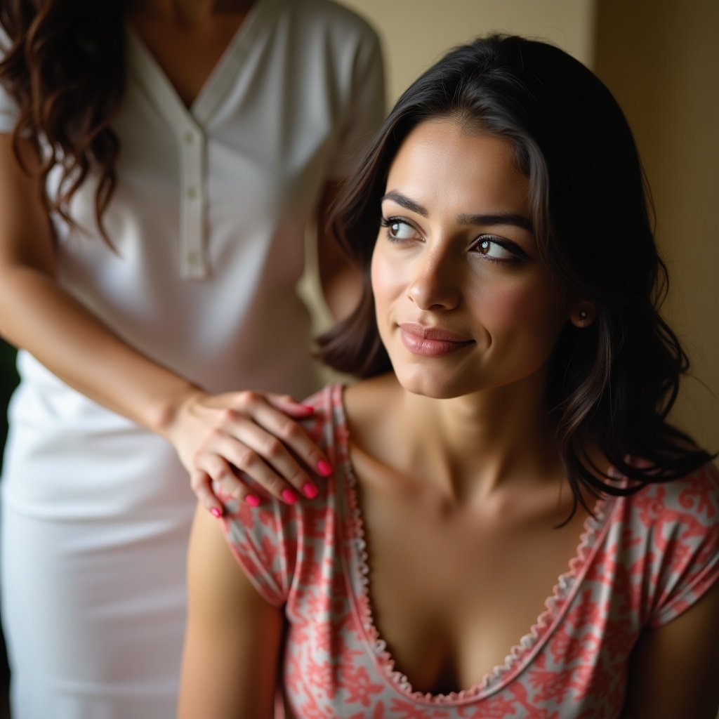 This image depicts a beautiful Indian lady receiving chiropractic treatment for her shoulder pain. She appears relaxed and serene, showcasing a peaceful expression on her face. A therapist is providing care; however, their face is not visible, emphasizing the focus on the lady. The atmosphere is calm, suggesting a dedicated environment for wellness. The soft pink and cream colors enhance the soothing nature of the setting.