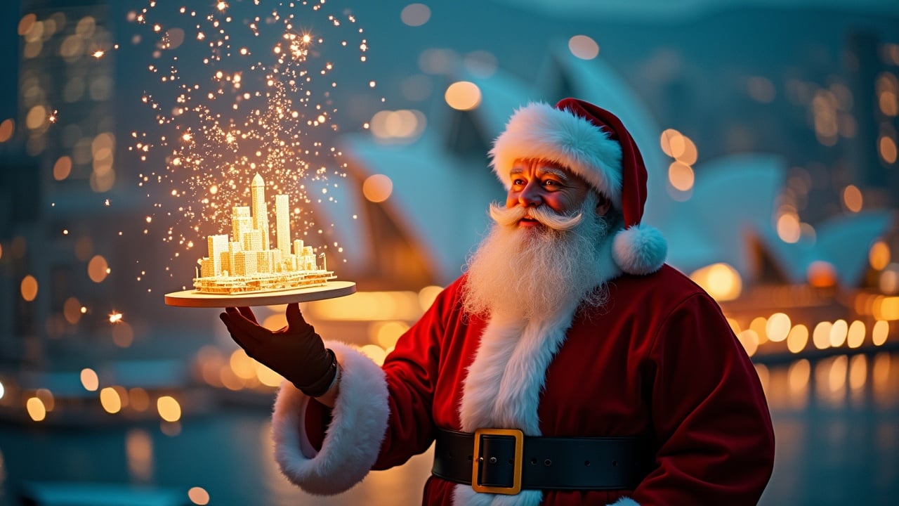 Magical atmosphere shot. Santa holds a BIM model of the Sydney Opera House. Sparkles transform into city landmarks. Shot on Arriflex Alexa. Ultra-realistic style.