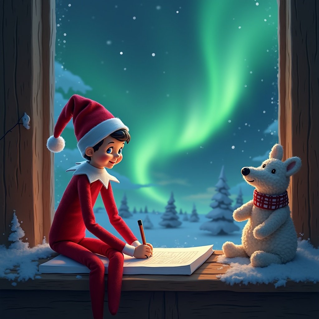 The image features a cheerful elf sitting by a cozy window, writing a letter. The elf is dressed in a classic red outfit with a festive hat. Beside him is a cute white bear wearing a scarf, both looking out at a stunning display of the northern lights in the sky. Snowy trees are visible in the background, adding to the wintery atmosphere. The scene evokes feelings of warmth, joy, and the magic of the holiday season.