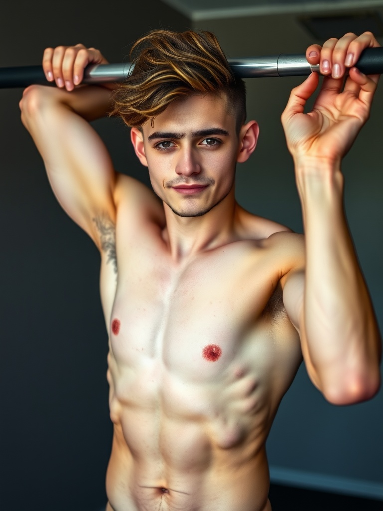 A young man displaying a strong and toned physique stands confidently holding onto a pull-up bar. His expression is self-assured, complementing the emphasis on his well-defined muscles. The lighting highlights the texture and contours of his upper body, capturing a moment of physical strength and aesthetic appeal.