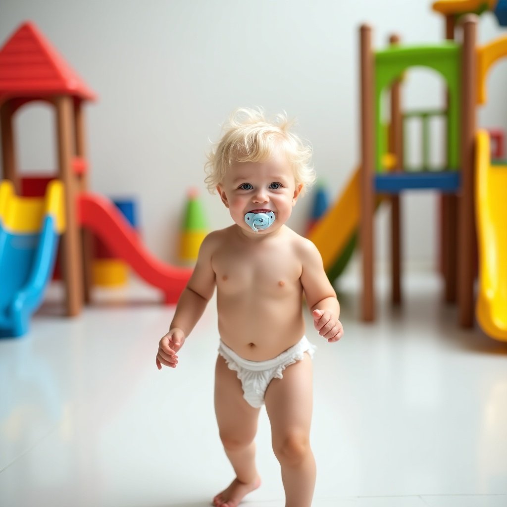 Young child running in a playground with slides and playsets. Wearing a diaper. Holding a pacifier in mouth. Playful atmosphere with bright colors and child-friendly equipment.