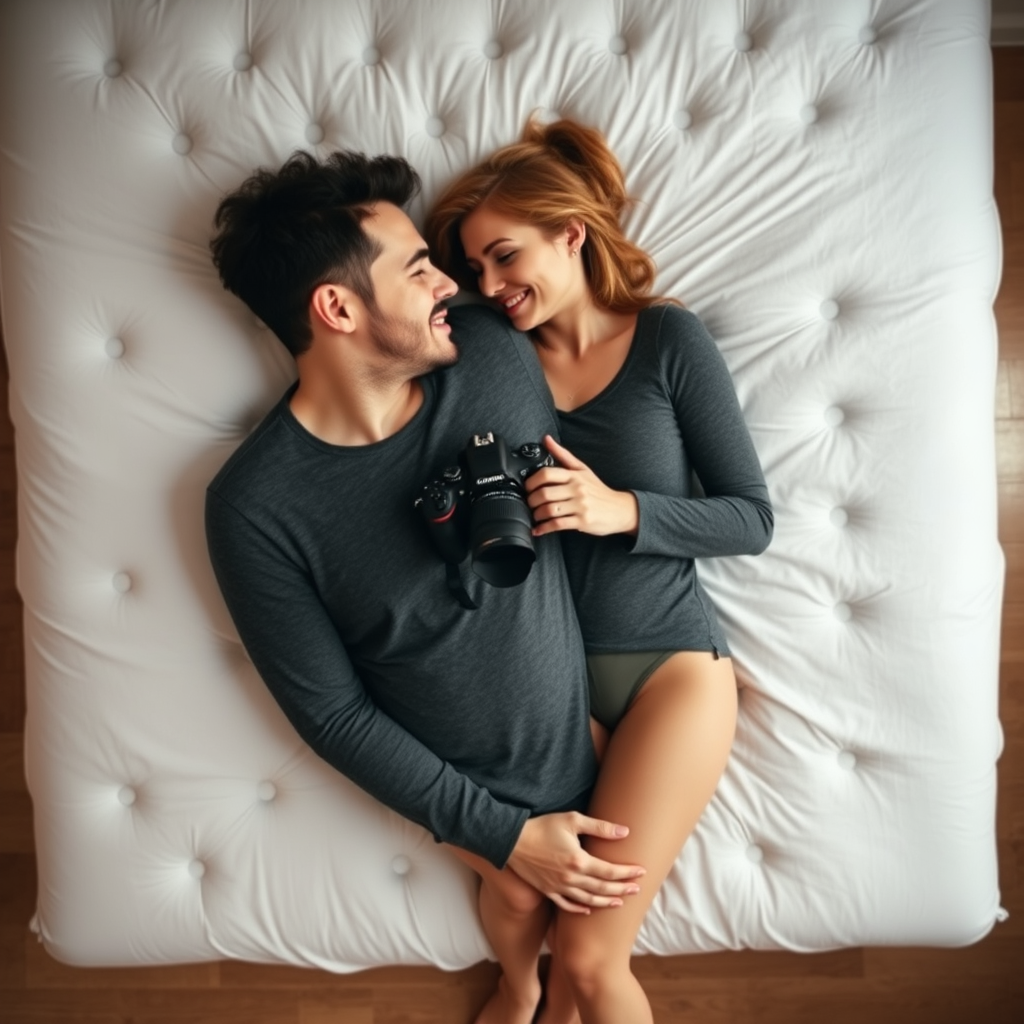 A couple in matching gray outfits relaxes on a white bed with a camera in hand, sharing a joyful smile.