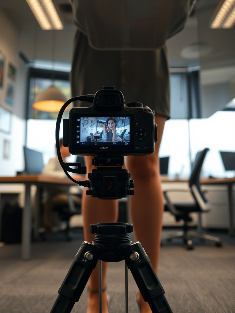 The image depicts a camera on a tripod with the focus on the camera's viewfinder, revealing a woman sitting in an office setting as the subject. The frame foregrounds the equipment with the woman's legs visible in the background, creating a behind-the-scenes feel. The ambient lighting of the office is gentle, providing a professional and composed atmosphere.