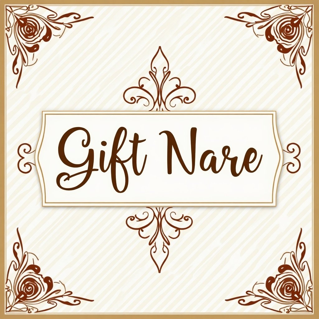 The image features an elegant gift card design titled 'Gift Nare'. The card has a cream background adorned with intricate brown florals and decorative elements at the corners. In the center, the title is displayed in a stylish, cursive font. This design is perfect for various occasions, allowing personalization for gift-giving. Ideal for retail display or online shops, it conveys a sense of luxury and thoughtfulness in gifting.