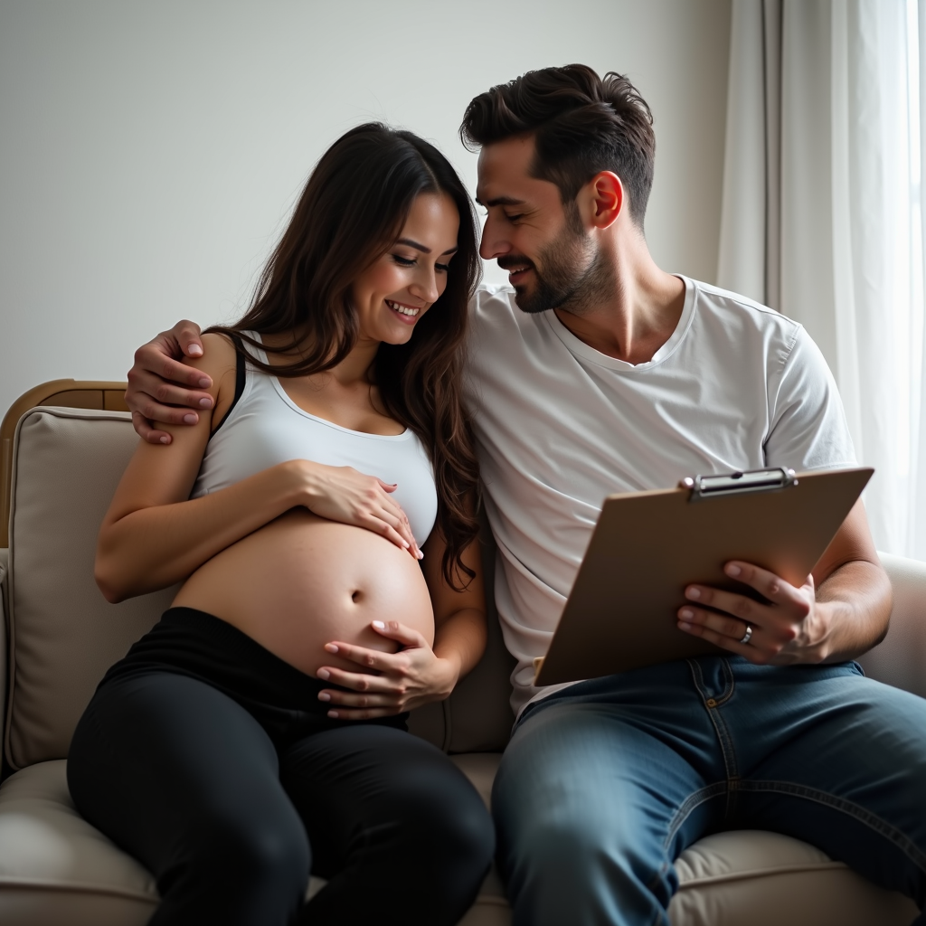 A happy couple sits on a couch, preparing for their upcoming baby with a clipboard.