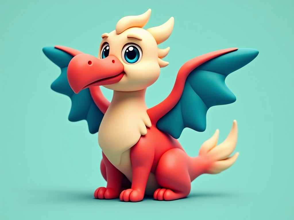 A cute red cartoon dragon with big eyes and blue wings in a digital illustration