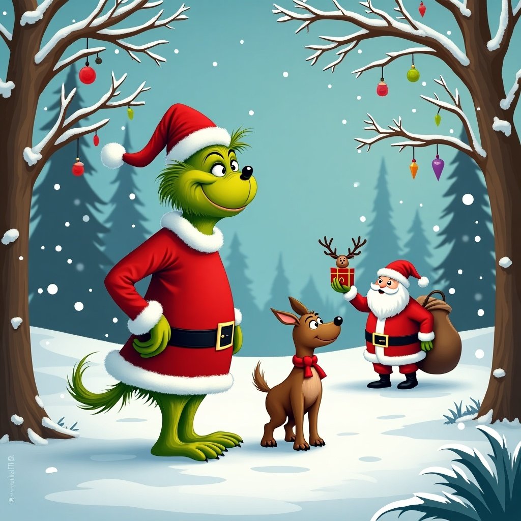 Whimsical wintry scene features Grinch in red Santa attire with dog Max. Snow covers the ground and snowflakes fall. Trees are decorated with Christmas ornaments. Cheerful atmosphere displays holiday spirit. Santa carries presents in snowy landscape, Reindeer nearby adds to festive setting.