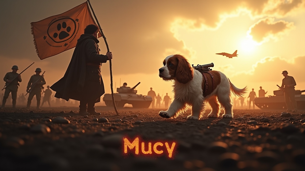 In a dramatic setting, a fluffy cavalier king charles spaniel walks across a dark battlefield. This adorable dog has a small cannon strapped to its back, symbolizing heroism. Nearby, a cloaked figure stands tall, holding a flag adorned with a dog emblem. In the shadows, small soldiers with rifles and tanks create a tense atmosphere. The sky is illuminated by a bright sun, enhancing the scene's drama. Above, a jet fighter adds to the urgency of the moment. Boldly written at the bottom, the name 'Mucy' stands out with fiery letters.