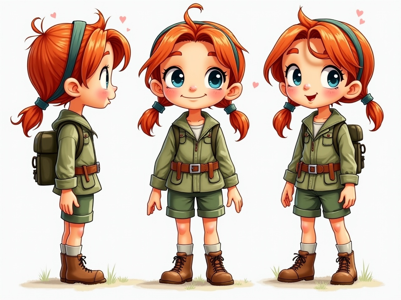 This image showcases an illustrated character design of a young, red-haired girl dressed as an explorer. She is portrayed from three different angles – side, front, and three-quarter views. She wears a green outfit with shorts, a belted jacket, and sturdy boots. Her expressive blue eyes and cheerful demeanor, accentuated by small heart symbols, add a sense of wonder and curiosity, suitable for an adventure-themed narrative.