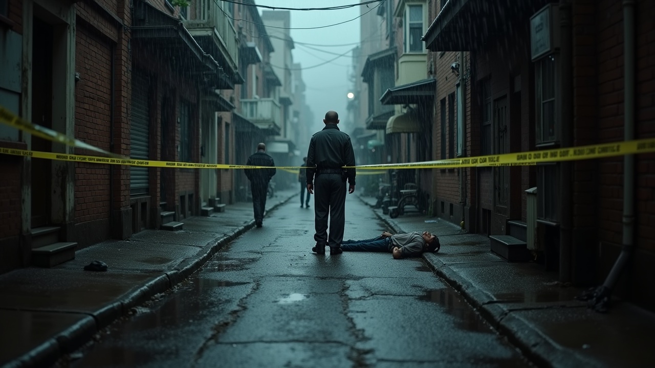 A gloomy and rain-soaked alley is depicted, where police tape encircles a lifeless body. In the foreground, a military officer stands at a distance, his expression pale and shocked by the grim sight. Detectives are working methodically around the scene, adding to the tension. The rain contributes to the heavy atmosphere, soaking the ground and symbolizing tragedy. The overall environment is dark and somber, evoking a deep sense of grief and loss. This image captures the weight of the moment within a troubled urban setting.