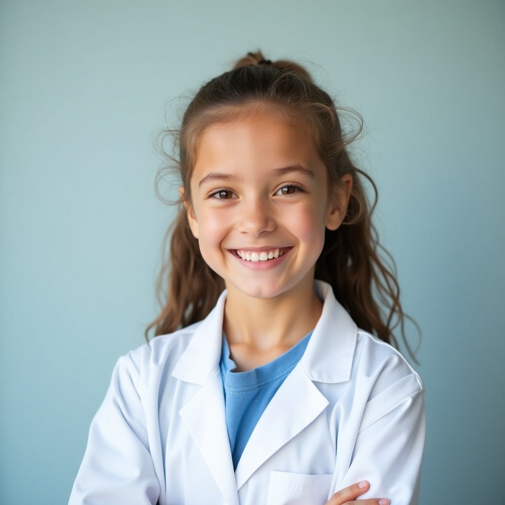 A young girl wearing a lab coat. She smiles confidently. This suggests a future in healthcare or medicine.