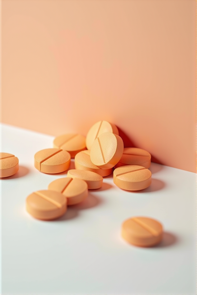 The image shows a group of tangerine-colored tablets with scored lines, scattered on a two-toned surface of white and peach.