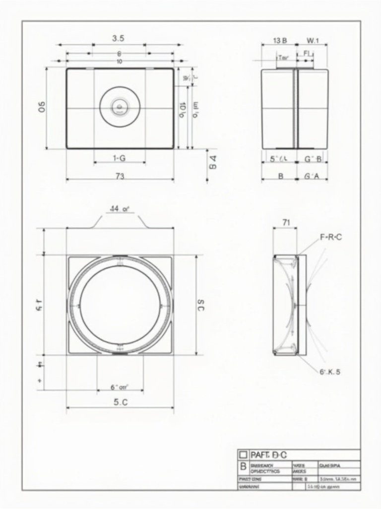 Engineering drawing displays orthographic views in third angle projection. Three views shown: front view, top view, and side view. Contains metric dimensions with circles and angles. Section for isometric sketching. Measurements important for manufacturing and prototyping.