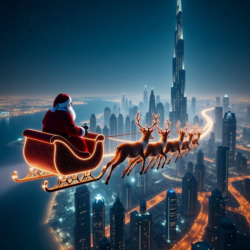 Cinematic aerial image. Santa Claus flies past the Burj Khalifa in Dubai, pulled by nine reindeer. Creates a horizontal eight shape in the air, leaving a sparkling trail. Hyper-realistic.