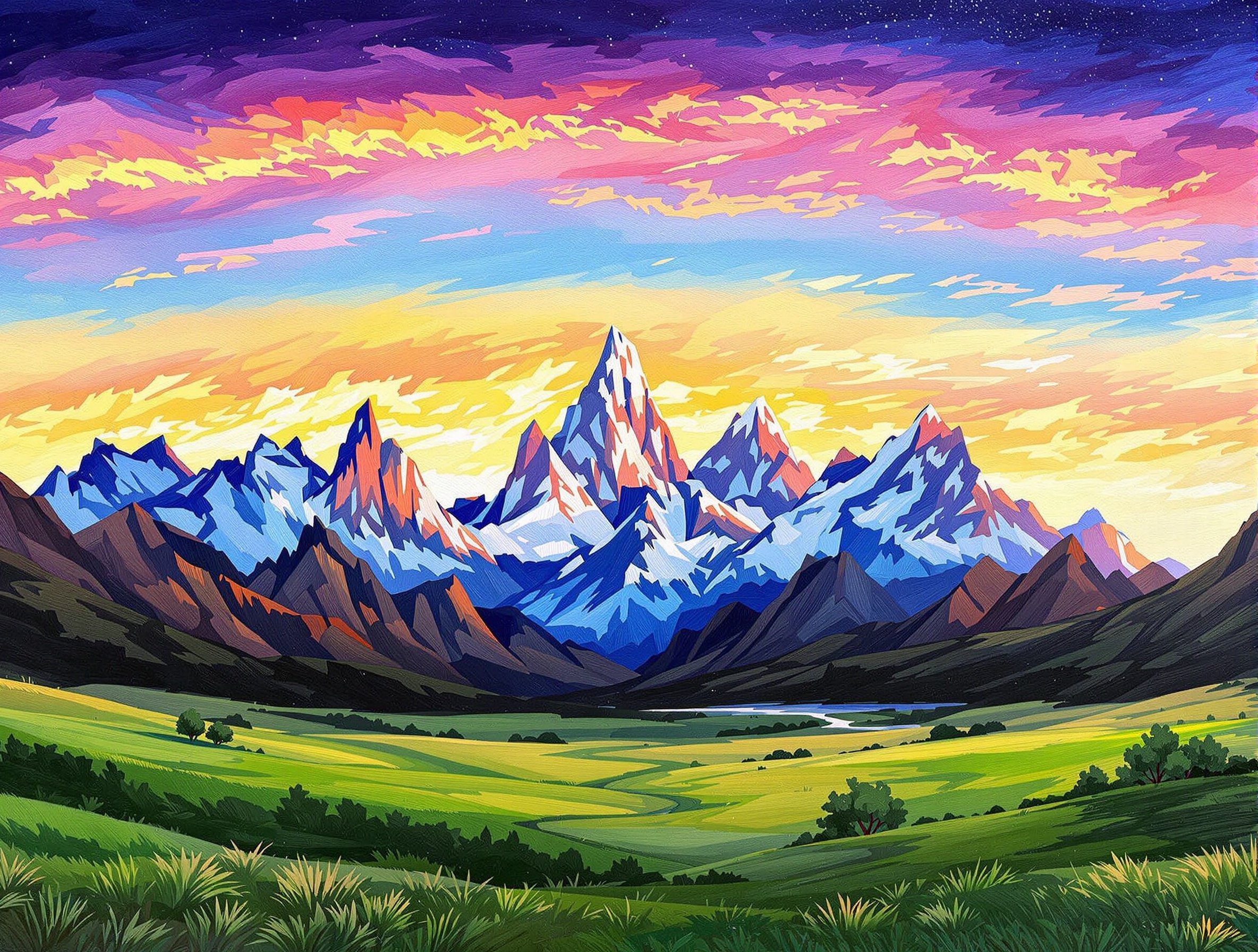 Artwork features an imaginary landscape of Mount Fitz Roy in Patagonia. Style blends Ariel Lee with impressionism and pointillism. Scene showcases sunset with transitioning colors. Mountains and green fields surround the area. Evokes tranquility of solitude in nature.