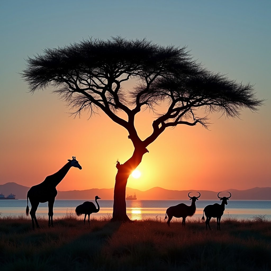 An acacia tree stands against a vibrant sunset. A giraffe, an ostrich, and two wildebeests are silhouetted in the foreground. The sky transitions from blue to orange and pink. A body of water and distant ships are visible in the background. The scene captures the beauty of the savannah landscape.