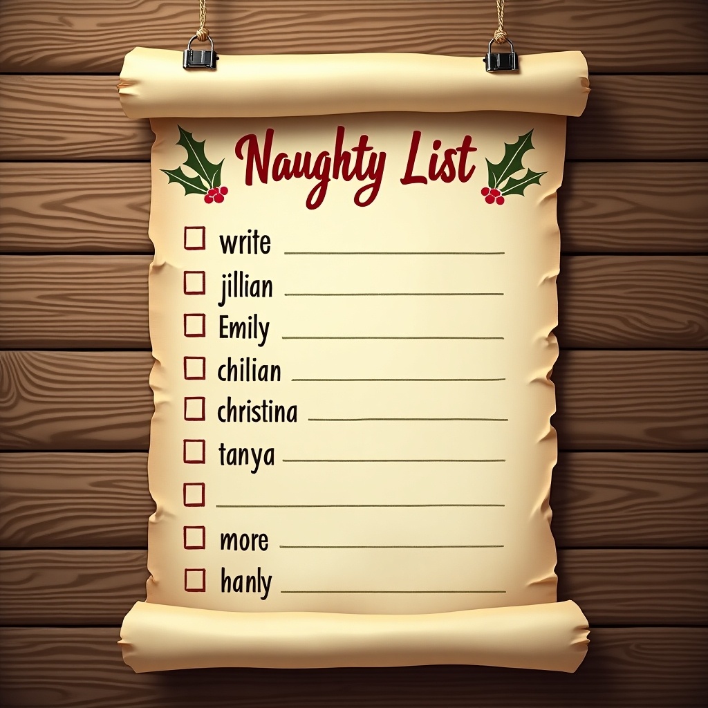 Parchment paper titled 'Naughty List' displayed on a wooden wall. List contains names like 'jillian', 'Emily', 'christina', 'tanya' with spaces for more names. Vintage design exudes holiday spirit.