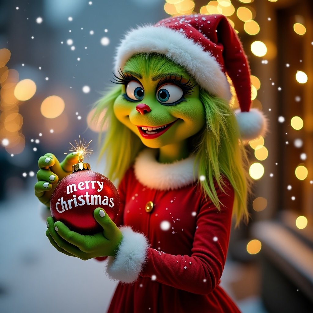 Girl Grinch character in a red Santa outfit holds a Christmas ornament labeled 'merry christmas'. Background with snow and bright lights. Joyful and festive atmosphere.