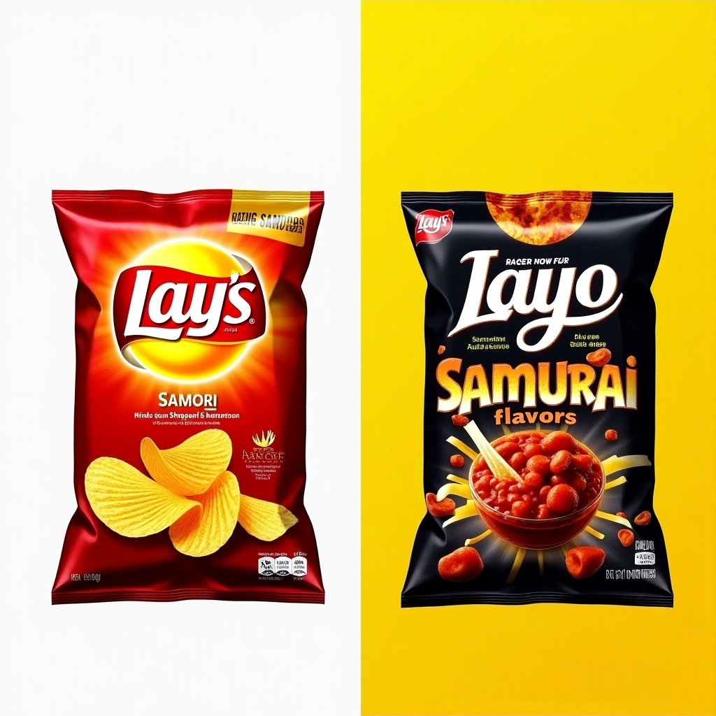 The image showcases two distinct bags of snacks side by side. On the left, there is a Lay's chip bag featuring Samurai flavor, with vibrant colors and appealing graphics. The right bag is also marketed under the Samurai name but features a different design. Both bags emphasize unique flavors and cultural influences. The packaging aims to attract customers with adventurous taste preferences. They are visually striking and reflect modern snack branding.