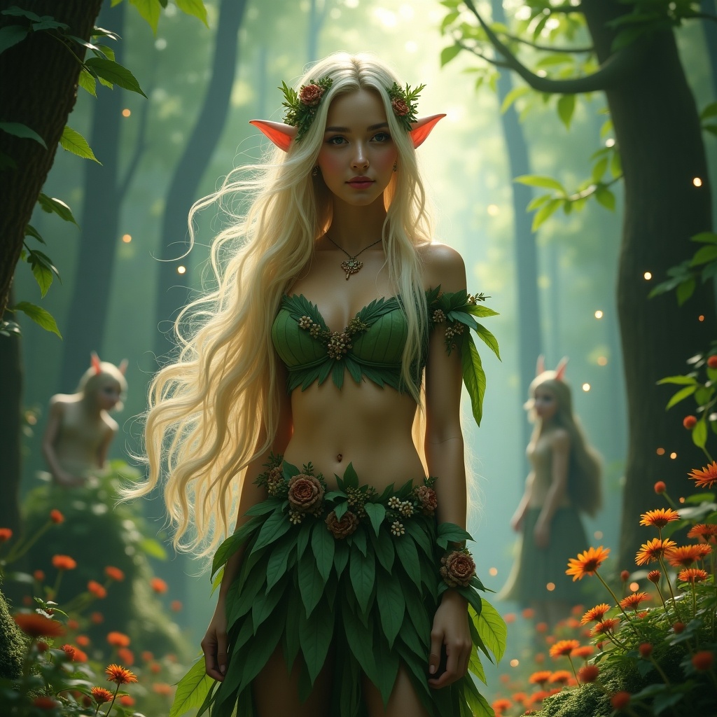 A beautiful elf with long blonde hair stands in a magical forest surrounded by flowers. Elf features include green leafy attire and delicate pointed ears. Soft lighting creates a mystical atmosphere.