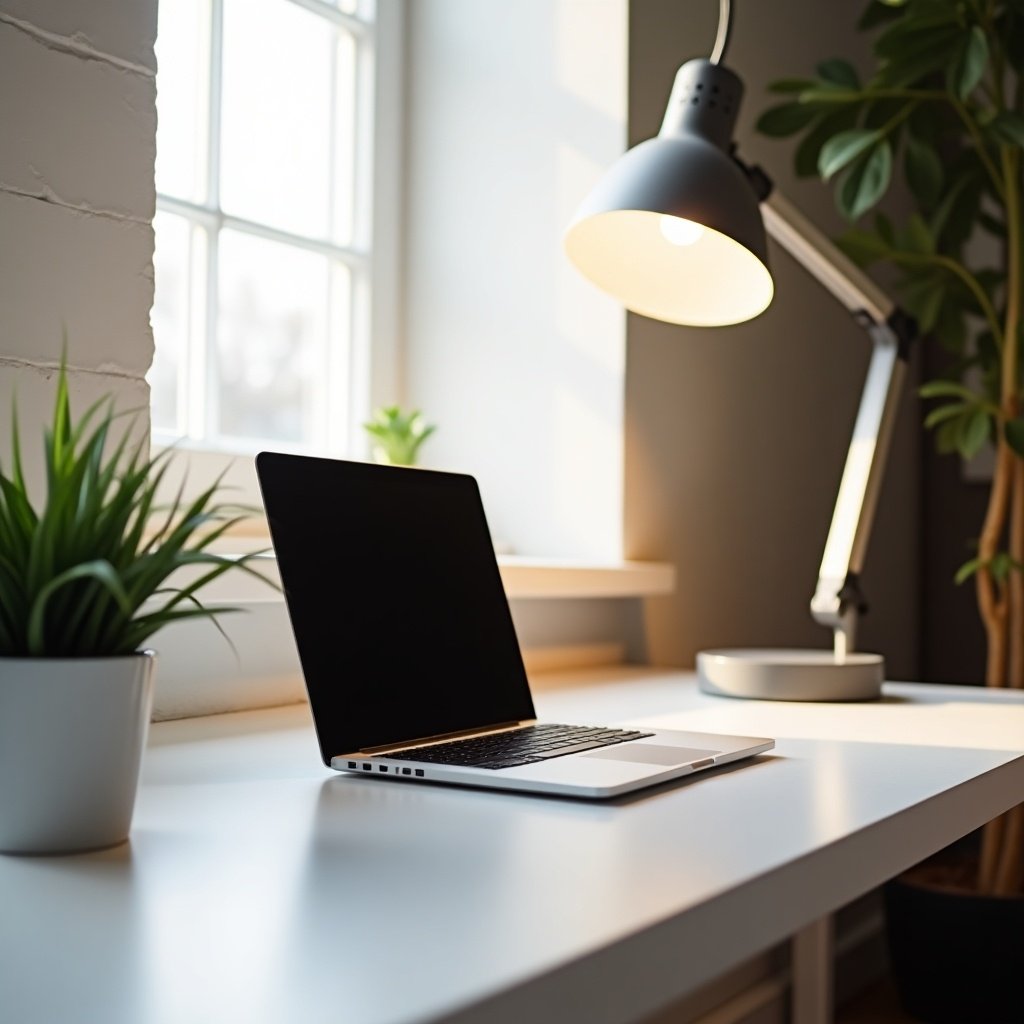 Modern desk setup with open laptop on white table. Potted plant on left. Stylish lamp casting warm glow. Softly blurred background. Comfortable work environment for remote work or study.