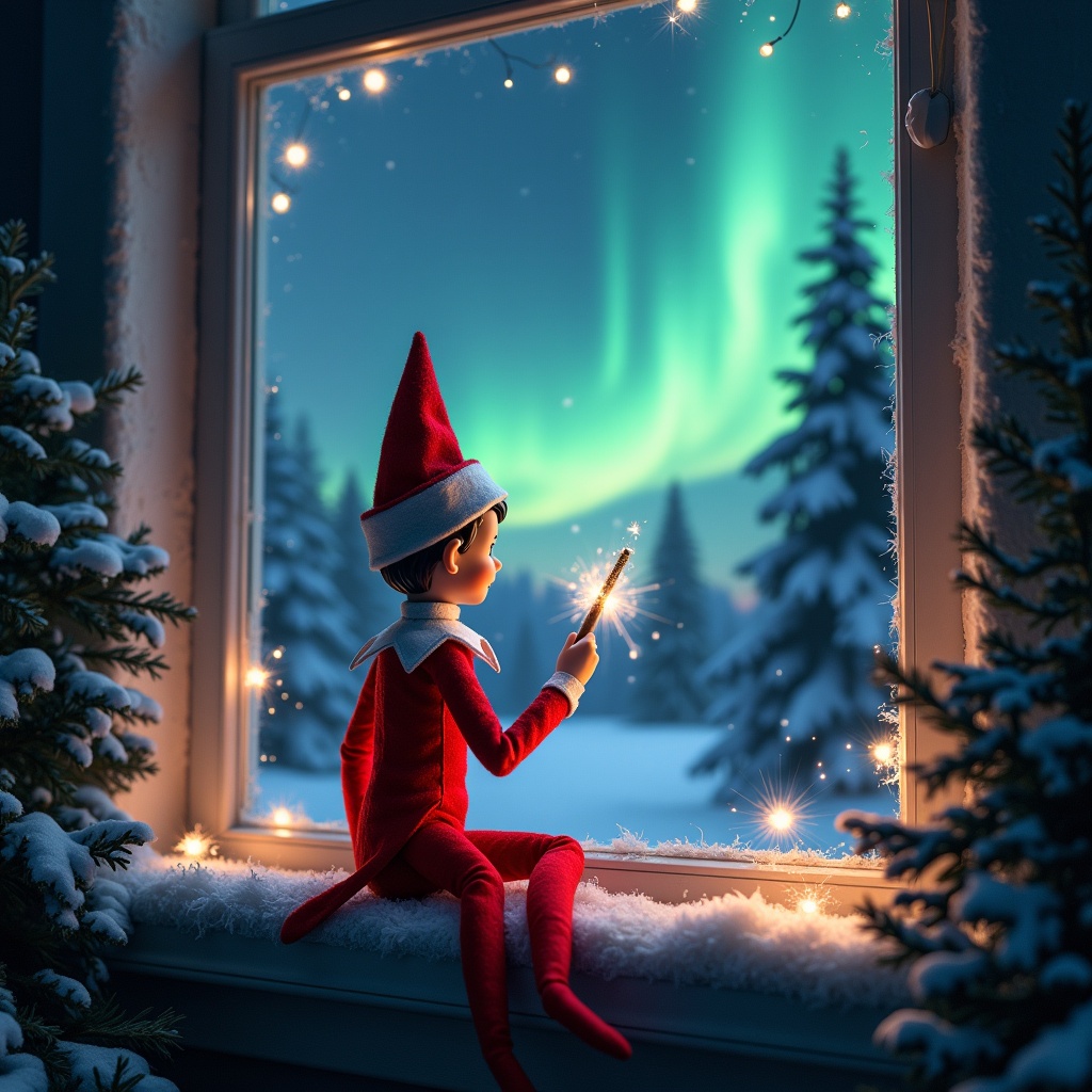 The image features an elf on the shelf sitting on a windowsill. He is gazing at the northern lights, a whimsical look on his face as he uses a wand to create magical sparks. The background is decorated with snow-covered pine trees and a captivating night sky, illuminated by vibrant auroras. The elf is dressed in a bright red outfit with fluffy white trim, embodying the spirit of Christmas. This enchanting scene evokes a sense of wonder and holiday cheer.