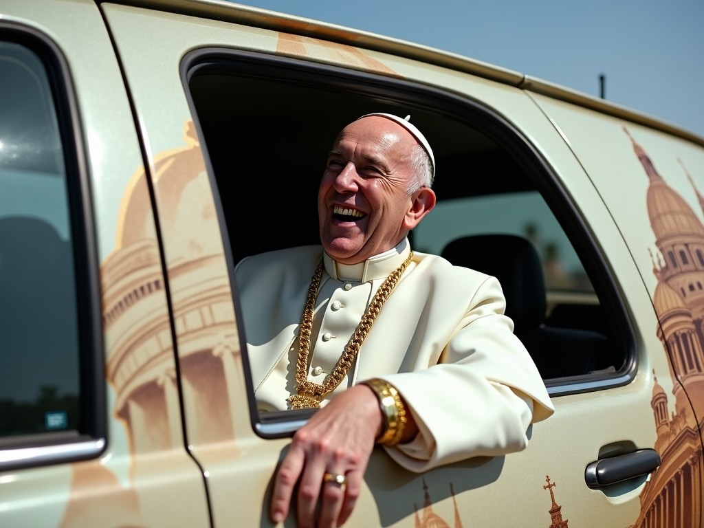 The image features a man dressed in ceremonial attire leaning out of a vehicle window, exhibiting a joyful and relaxed expression. The vehicle's exterior is adorned with religious-themed imagery. The bright daylight enhances the colors, making the scene lively and engaging.