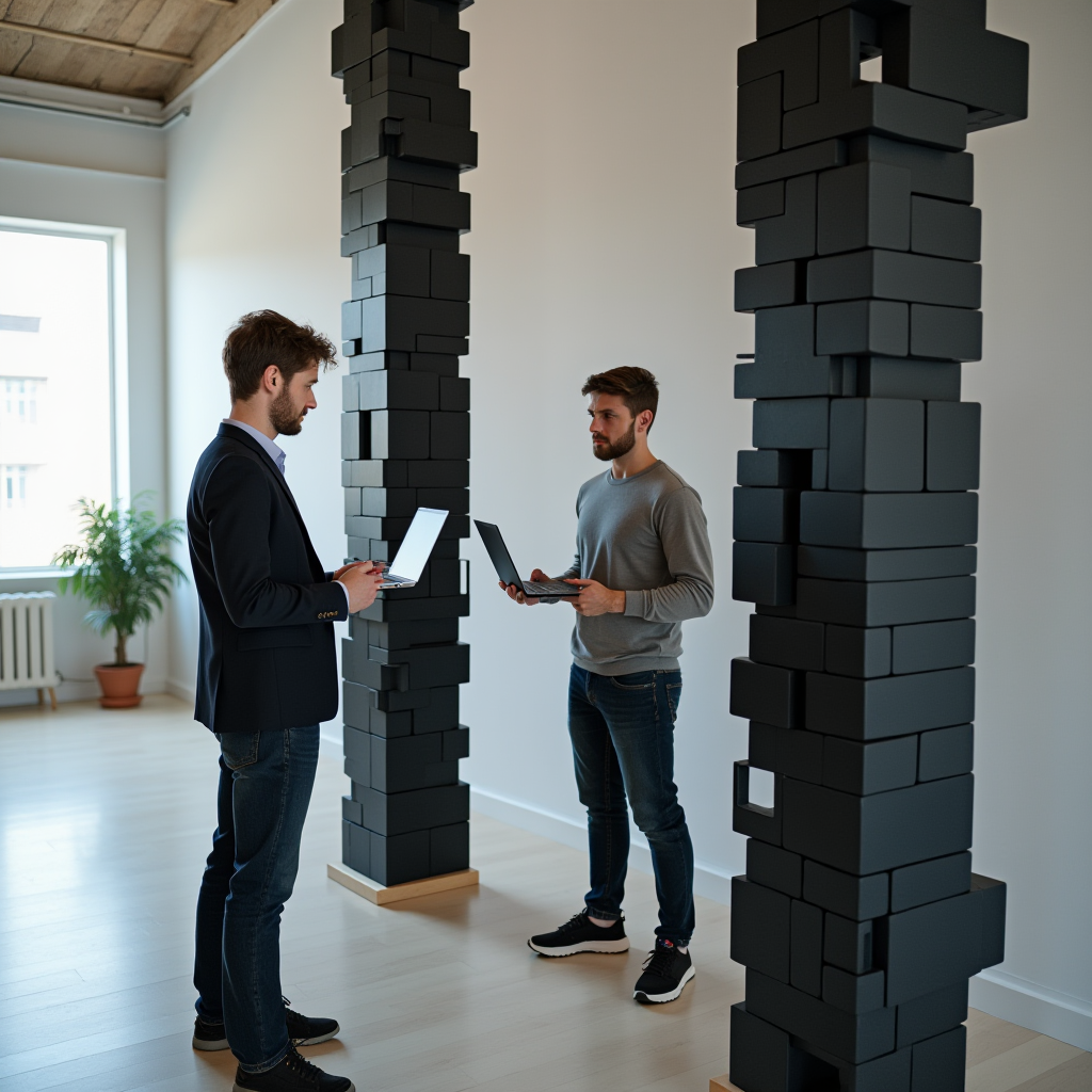 Two men using laptops in a minimalistic office with artistic black pillars.