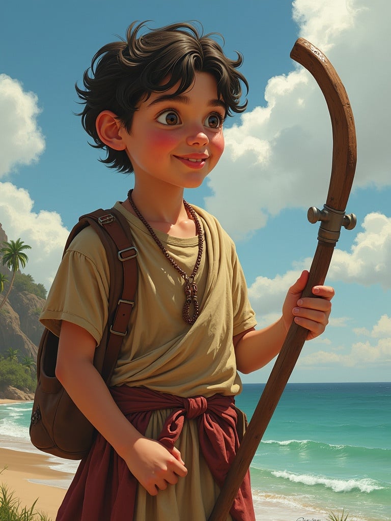 A young boy with curly hair stands on a beach holding a wooden staff. He wears a simple outfit with a satchel. The background features blue water and palm trees under a bright sky.