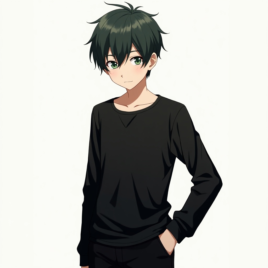 Anime boy with small green eyes. Fade haircut. Height 190cm. Age 15. Wearing full arm black shirt and black pants.