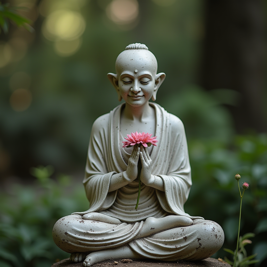 A serene statue holding a pink flower, symbolizing peace and mindfulness in a natural setting.