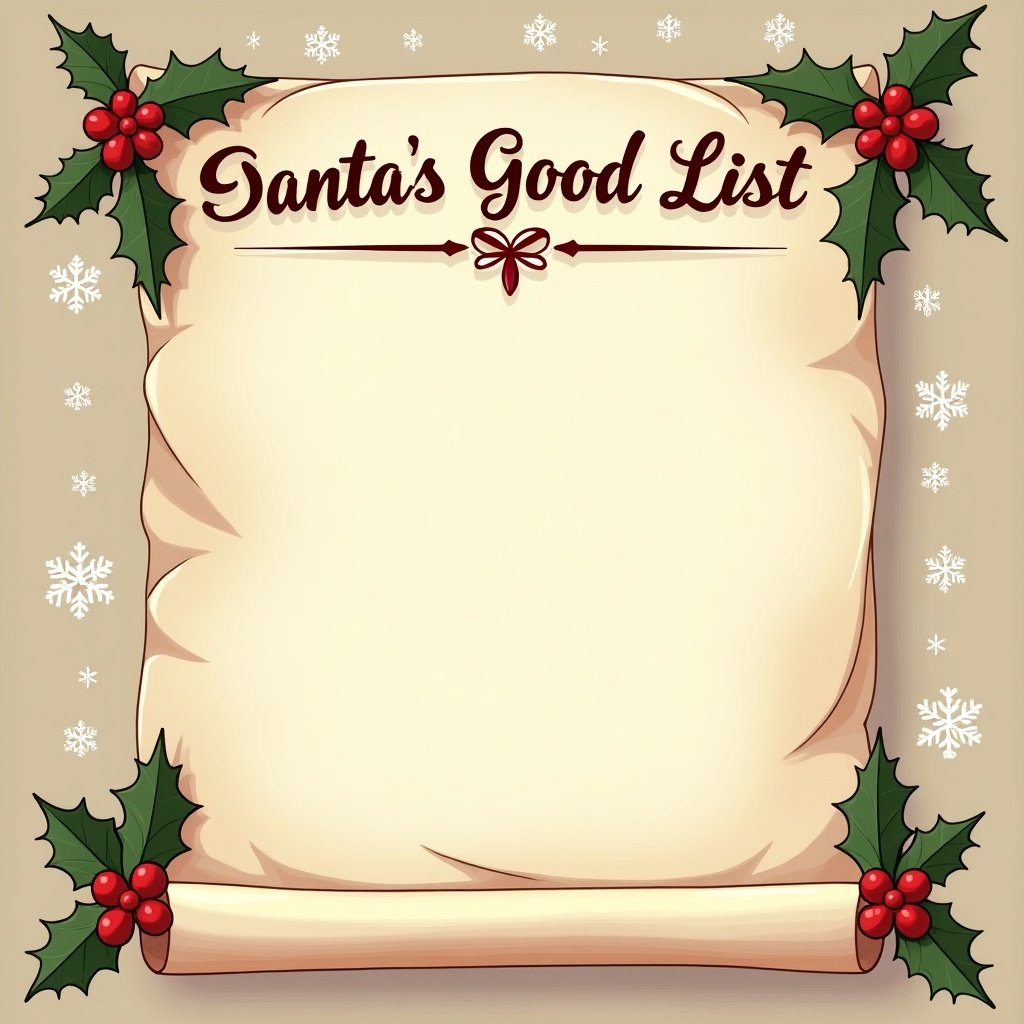 Image features Santa's Good List on scroll. Scroll has elegant lettering that says 'Santa's Good List'. Surrounding decorations include holly and snowflakes. The colors are warm, with reds and greens on beige background. The artwork embodies the joy and nostalgia of Christmas. Names Braedon, Chrystina, Greyson, Isaiah, Jared, Jayden, Michael, Thomas, William, Wyatt added.