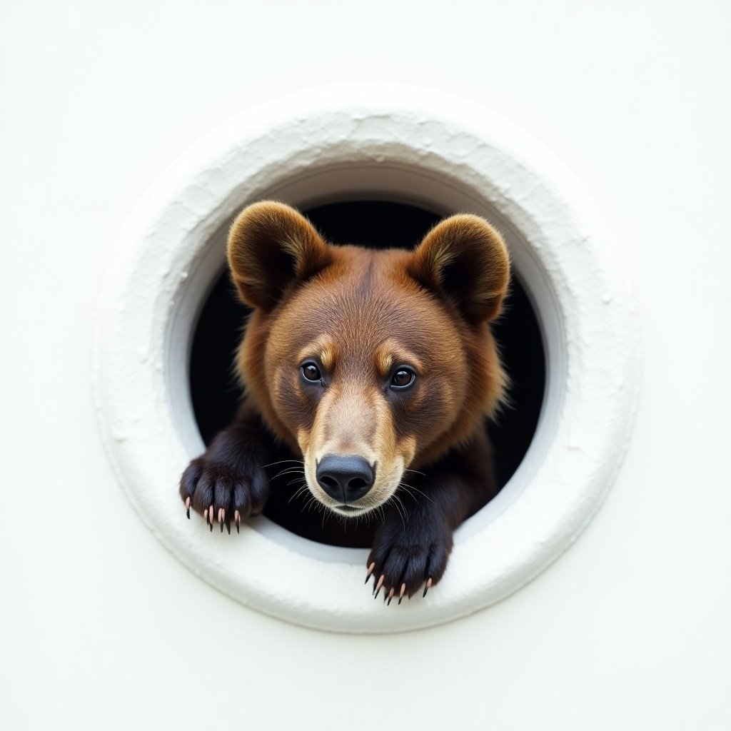 Bear's face peeping through a small circular hole in a white wall. The bear's face is partially blurred to add mystery. The image focuses on the bear's curious expression.