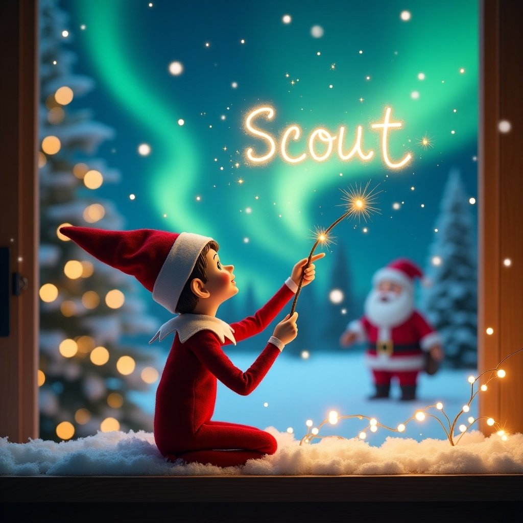 This enchanting image features an adorable elf on the shelf seated in a cozy winter scene. The elf is wearing a classic red outfit and is using a magical wand to write the name 'Scout' in the sparkling snow. Above, the northern lights dance in a vibrant display of color, adding to the magical ambiance. In the background, a cheerful Santa Claus can be seen, contributing to the festive spirit. The overall composition invites viewers into a whimsical world filled with joy and holiday cheer, perfect for celebrating the Christmas season.