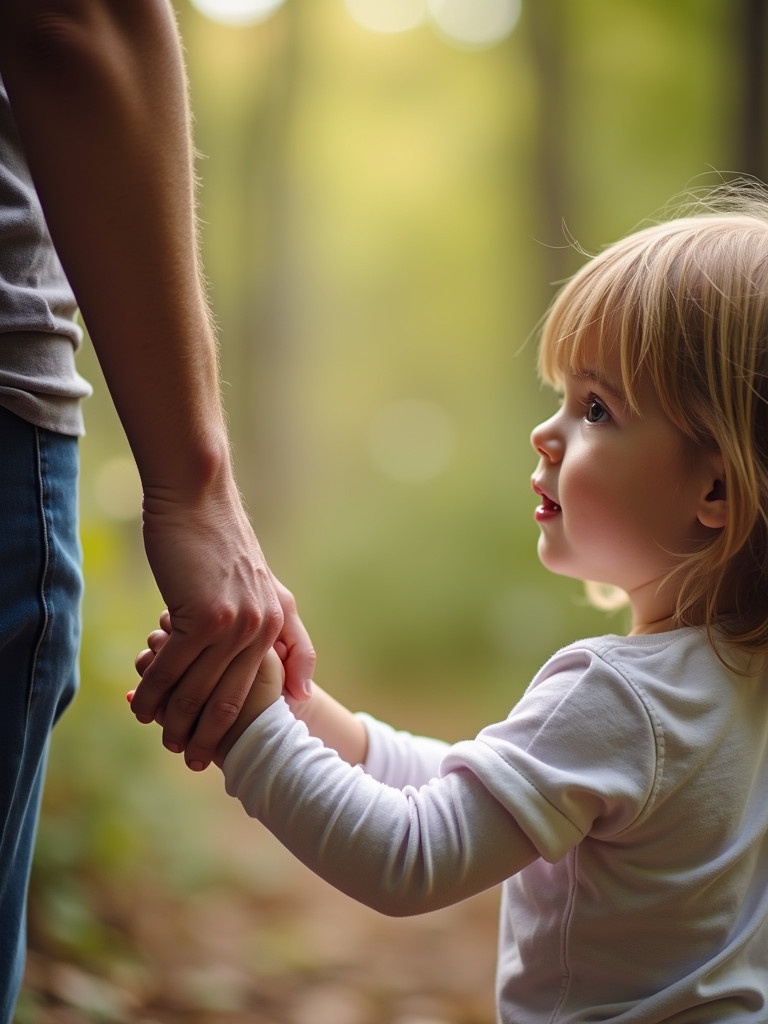 Child holds an adult's hand in a natural setting. Sun filters through trees. Focus on hands creating a feeling of connection and warmth.