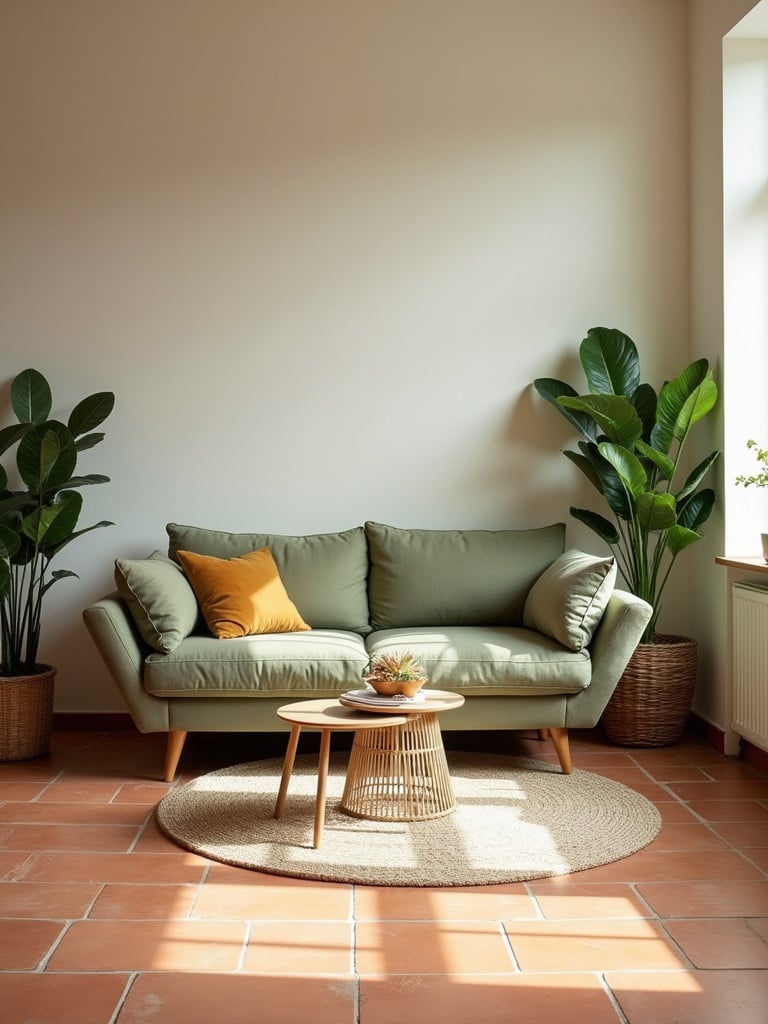 This image features a light terracotta tile floor and cream walls. A comfortable dusty green couch is centered. The decor includes many plants and wood tones.