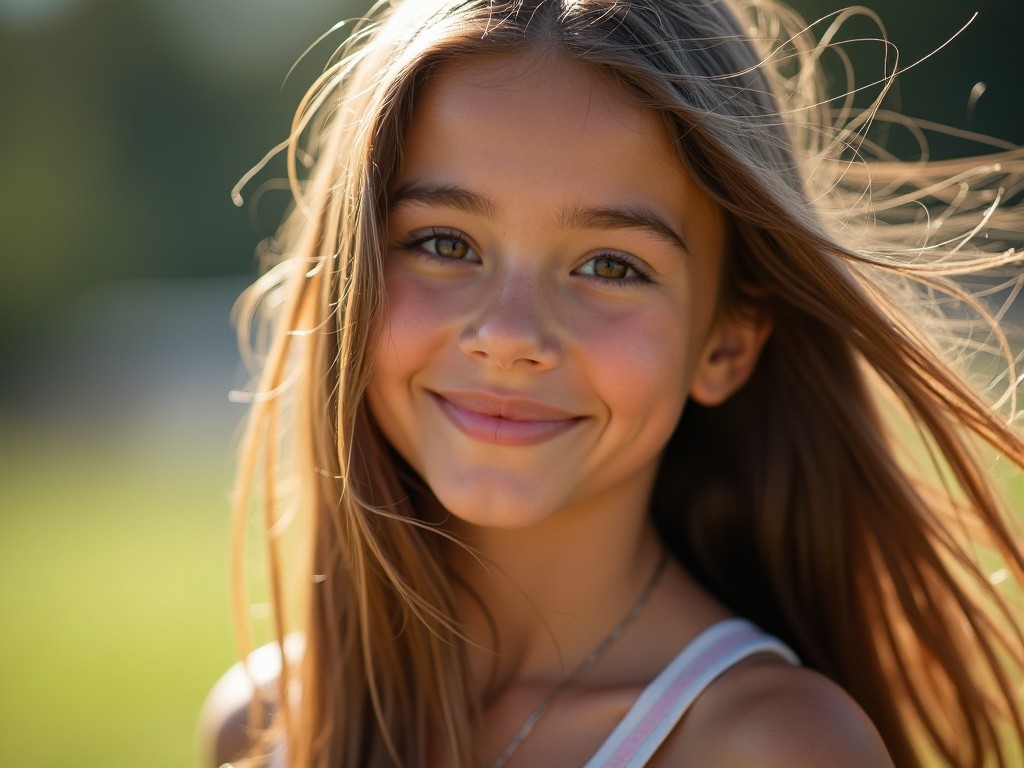 This image features a young girl with long hair, smiling in a lush green outdoor setting. The soft, natural light highlights her features, giving a warm and inviting feel. Her hair is gently flowing in the breeze, adding a sense of movement to the portrait. The background is blurred, emphasizing her joyful expression. This photograph captures the essence of youth and happiness in a serene environment.