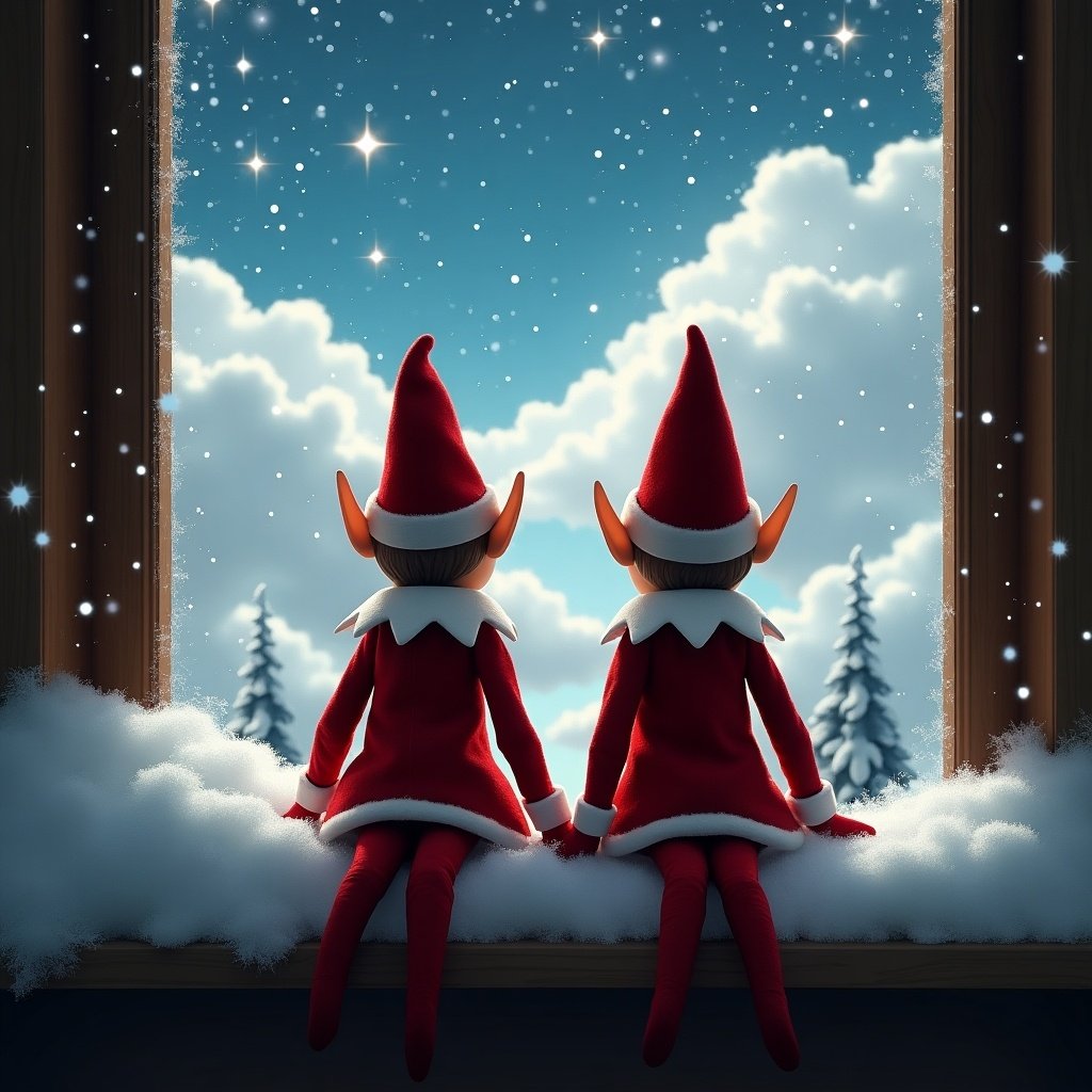 This enchanting image features two elves sitting on a snowy window sill, gazing out at a cloudy sky filled with twinkling stars. The elves are dressed in traditional red outfits with pointed hats, emphasizing the festive spirit of the season. Surrounding them is a blanket of soft snow, adding to the charm of this winter scene. The perspective gives a sense of wonder, as the elves admire the beauty of the night sky. This magical moment evokes feelings of joy and excitement, perfectly capturing the essence of holiday enchantment.