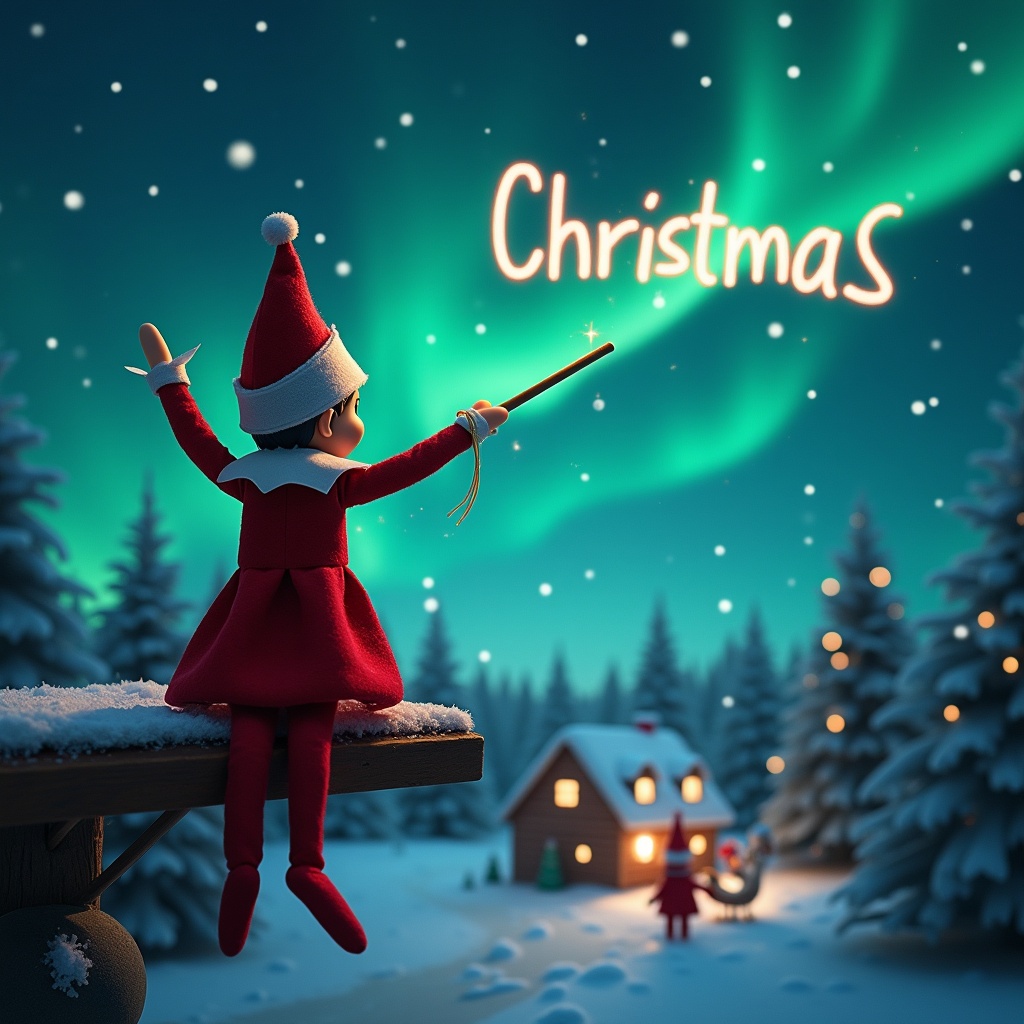 The image features an elf on the shelf, sitting with his back to the viewer and facing the night sky. He is using a wand to write 'Christmas' in the air. The background is filled with magical northern lights, casting a glowing aura over the snowy landscape. A cozy cabin with smoke curling from the chimney is visible, with Santa in the distance. The scene evokes a festive and whimsical atmosphere, perfect for the holiday season.