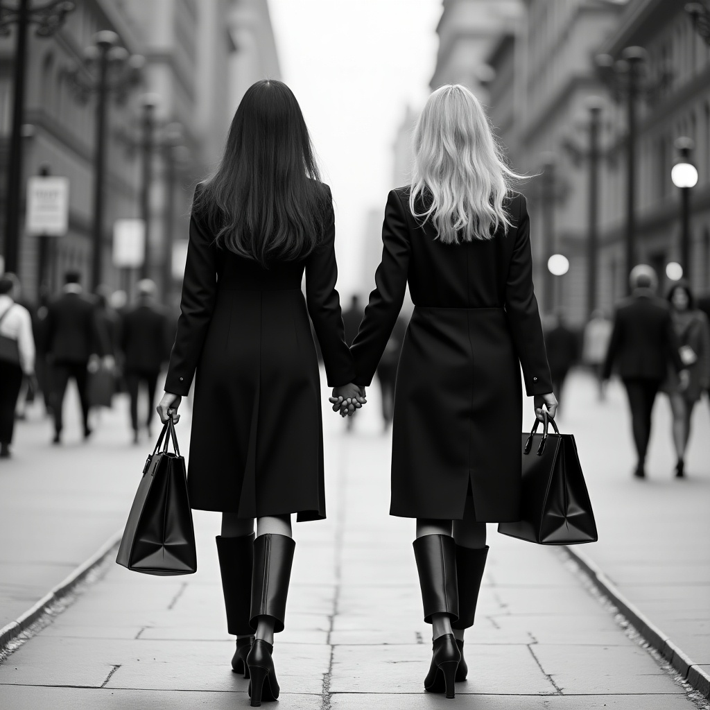 Two women walk hand in hand on city street. They carry bags. Their fashion is coordinated and stylish. It is a black and white image. City background is busy.