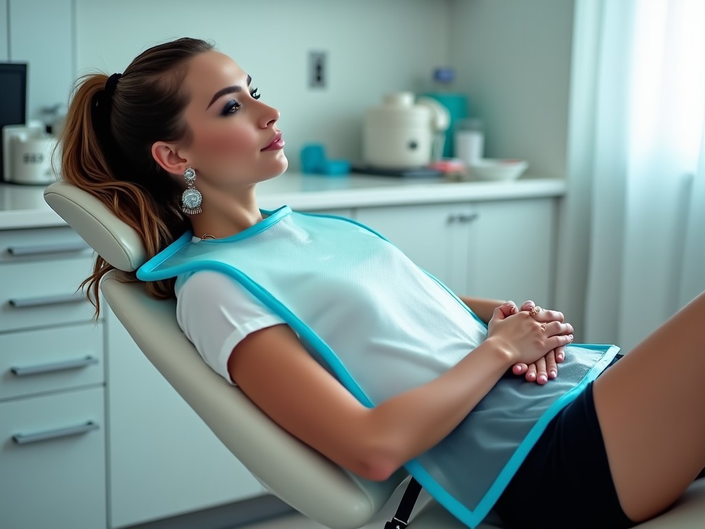 A woman from Turkey with a ponytail and stylish earrings is lying in a dentist chair. She is dressed in a white top and black hotpants, showcasing a modern look. The large clear PVC bib with blue edges covers her knees. The setting is a bright dental clinic, emphasizing cleanliness and comfort. Natural light filters through a nearby window, enhancing the serene atmosphere of the space.