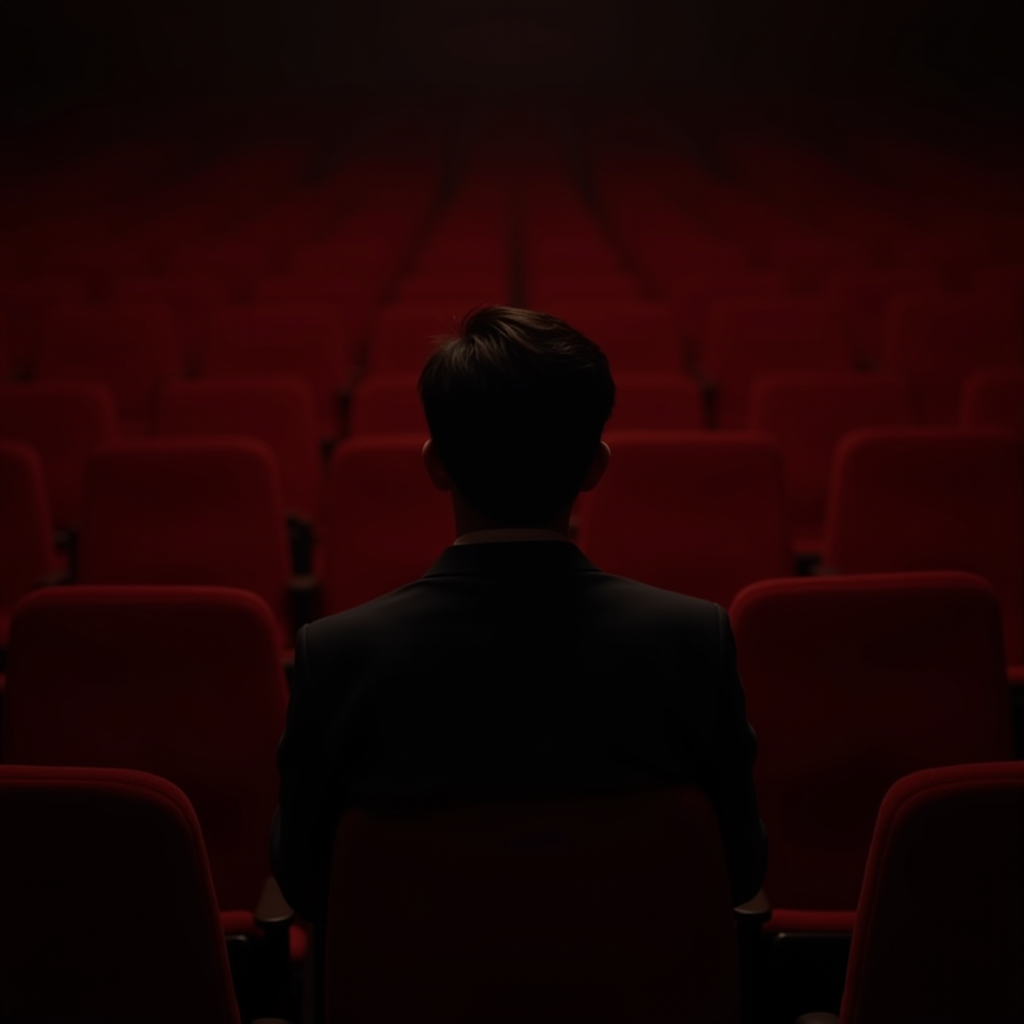 A man in a dark suit sits alone in an empty theater filled with red chairs, seen from behind.