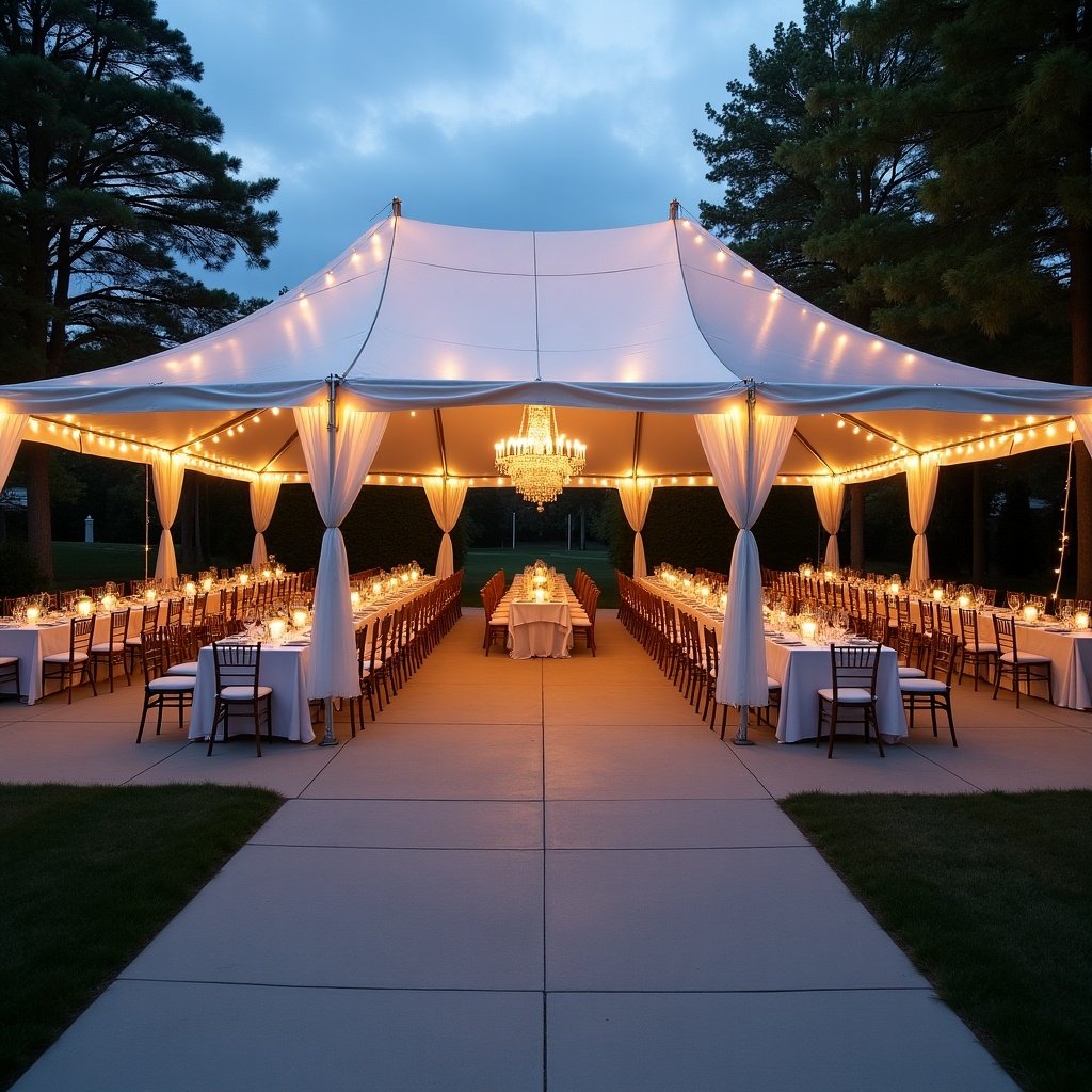 Elegant outdoor event tent setup features a spacious layout with grey flooring. Tables are neatly arranged under a large tent. Ambient lighting creates a warm atmosphere with chandeliers and string lights.