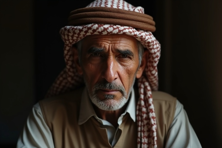 Portrait of an older man from Upper Egypt showing sadness. Traditional headwear and attire. Captures deep emotions and cultural heritage.