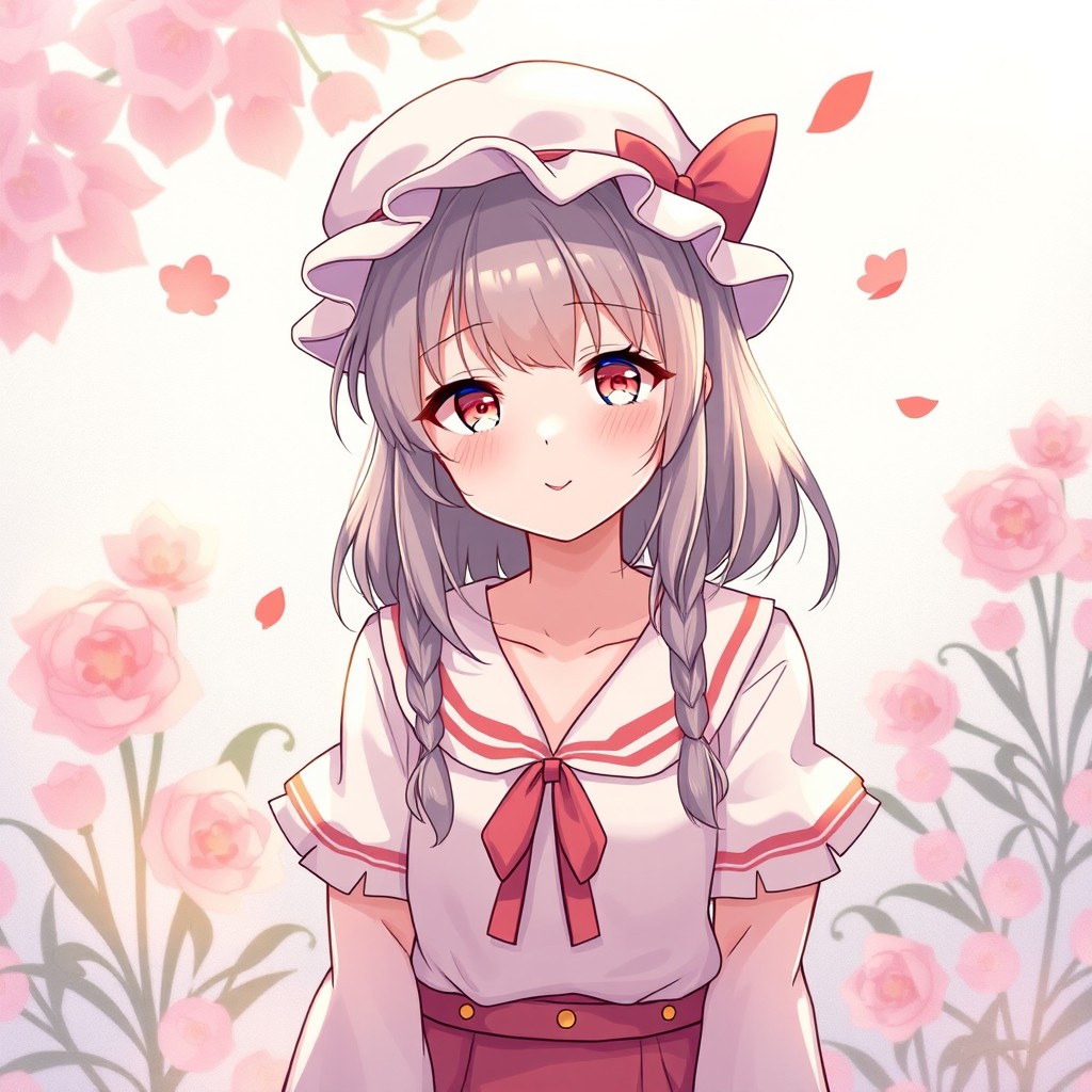 An anime-style girl with braided hair stands smiling amidst pastel pink flowers and falling petals.