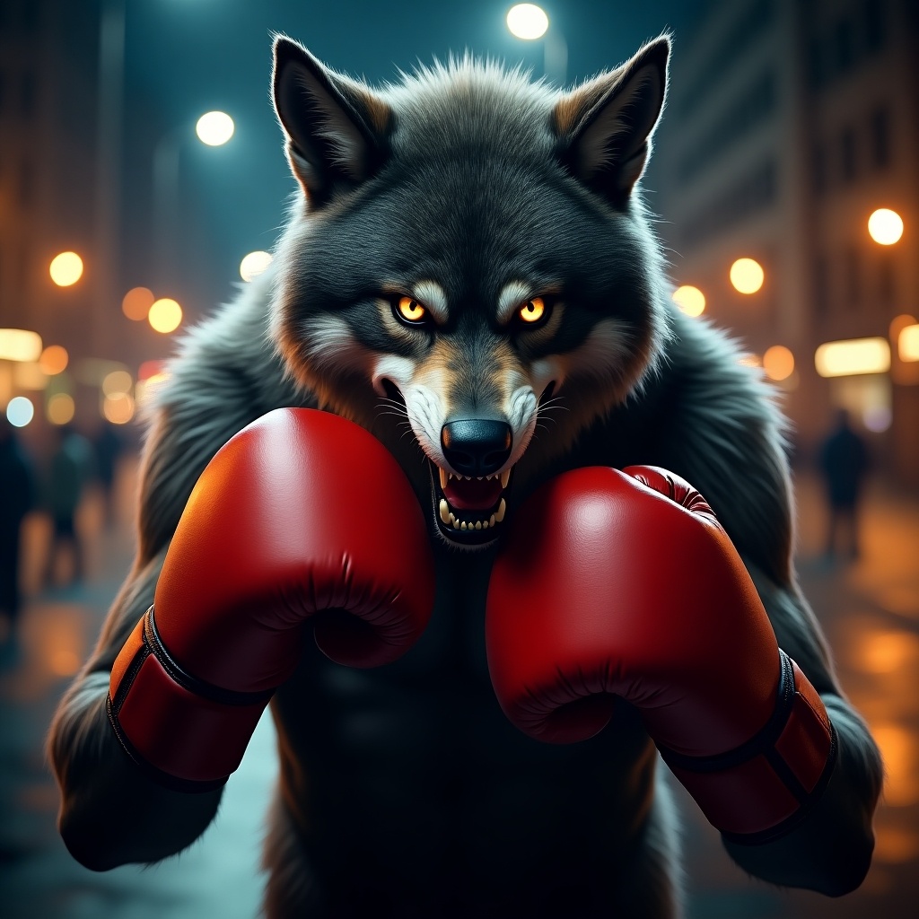 Werewolf wearing red boxing gloves in an urban setting. Muscular build with fierce expression. Night scene with city lights in the background. Powerful posture suggests readiness for a boxing match.